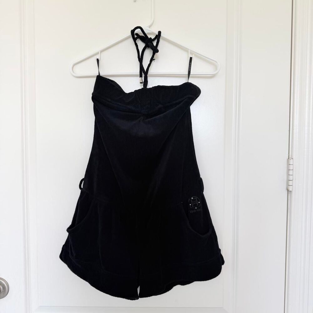 Vintage Women's Bebe Black Velour Halter Romper - Size M